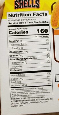 Taco shells nutrition facts table