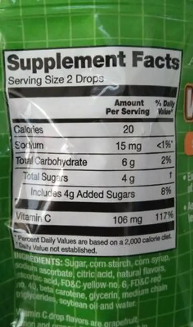Supplement drops nutrition facts table