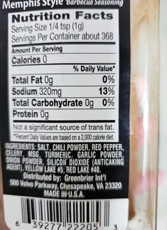 Blazing Blends Memphis Style Barbecue Seasoning ingredients label