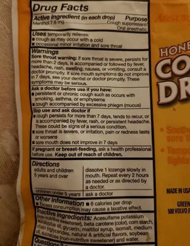 Cough drops ingredients label