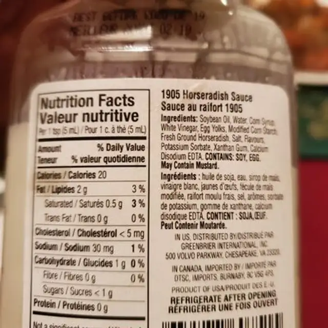 1905 Horseradish Sauce ingredients label