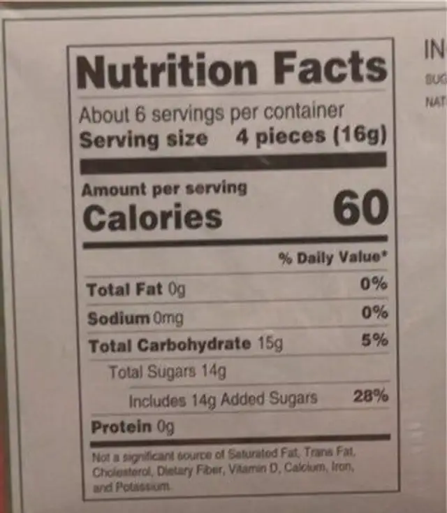 25 Mini Candy Canes Natural Peppermint Flavored nutrition facts table