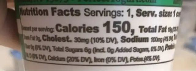 Plain Sheep's Milk Yogurt nutrition facts table