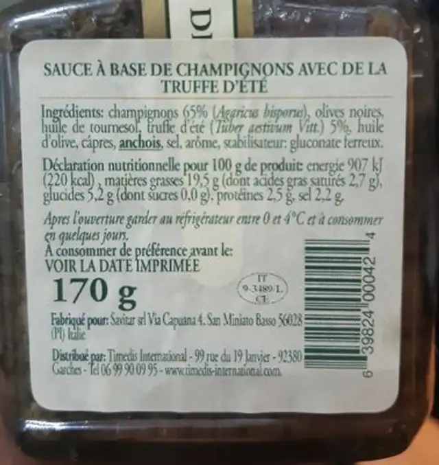 Salsa Sel Tartufaio nutrition facts table