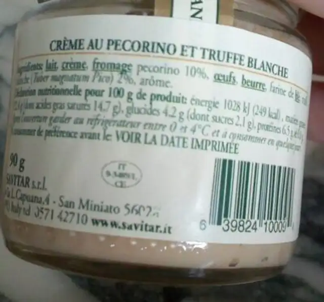 Crème au pecorino et truffe  blanche nutrition facts table