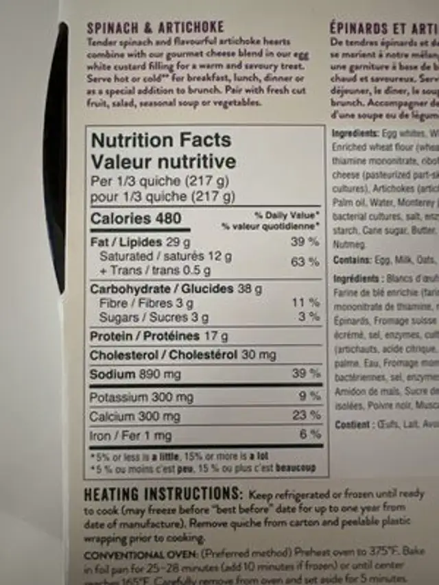 Quiche mélange de légumes grillés à la flamme nutrition facts table