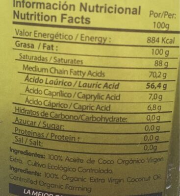 Aceite de coci virgen estra ecologico nutrition facts table