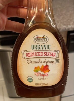 Organic reduced sugar pancake syrup front packaging
