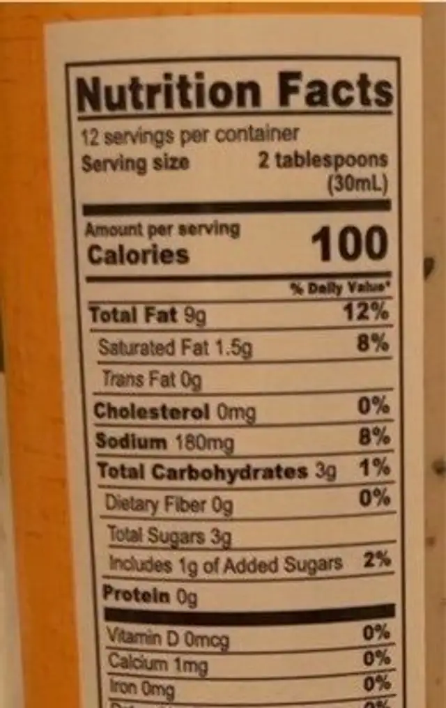 Organic Honey Dijon Dressing & Marinade nutrition facts table