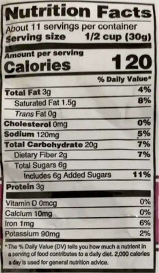 Organic Dark Chocolate Cherry Granola nutrition facts table