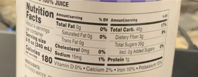 100% Prune Juice nutrition facts table