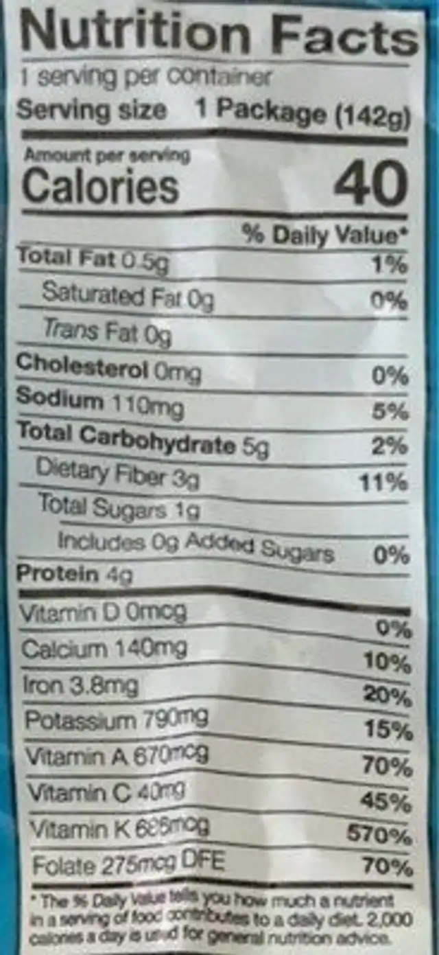 Baby Spinach nutrition facts table