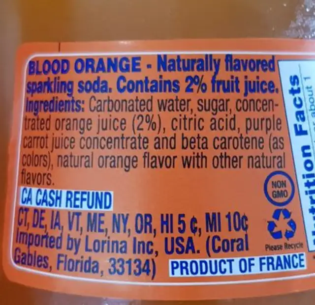 BLOOD Orange ingredients label