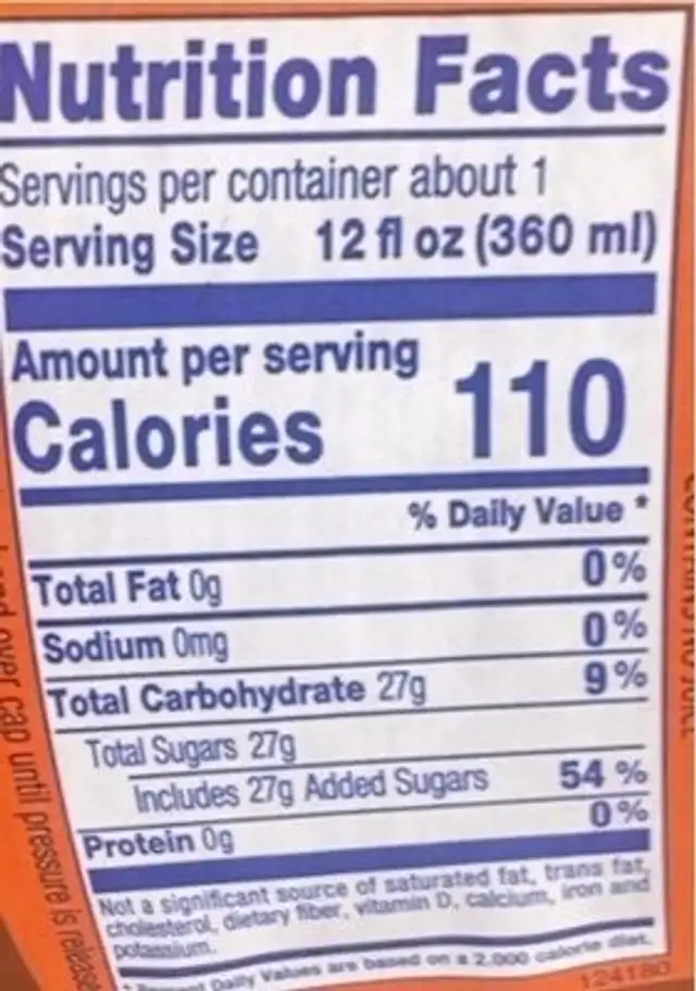 BLOOD Orange nutrition facts table