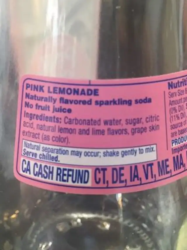 Lorina, sparkling soda, pink lemonade ingredients label