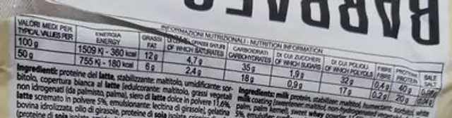 Barra50 (white chocolate) nutrition facts table