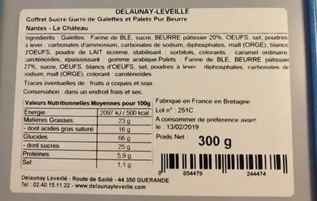 Coffret sucre garni de Galettes et Palets Pur Beurre ingredients label