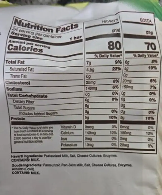 Havarti and Gouda snack cheese nutrition facts table