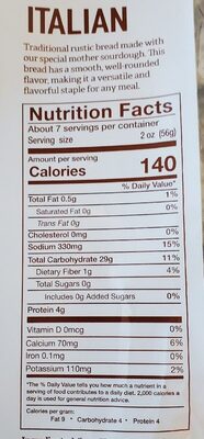 Italian Bread nutrition facts table