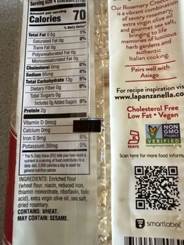 Mini Croccantini Rosemary Crackers ingredients label