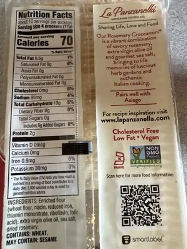 Mini Croccantini Rosemary Crackers nutrition facts table