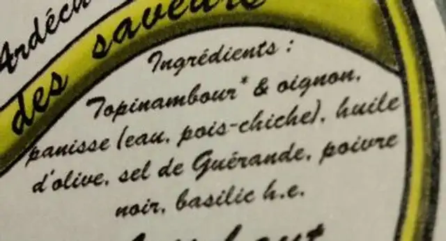 Tartinade Artichaut de Jérusalem ingredients label