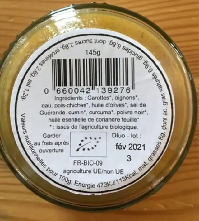 Tarinade Orientale ingredients label
