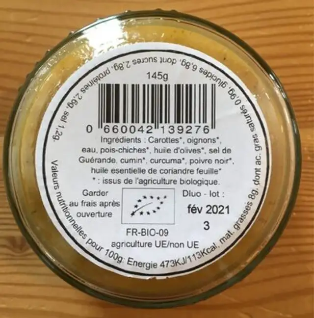 Tarinade Orientale nutrition facts table