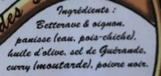 Tartinade Curry ingredients label