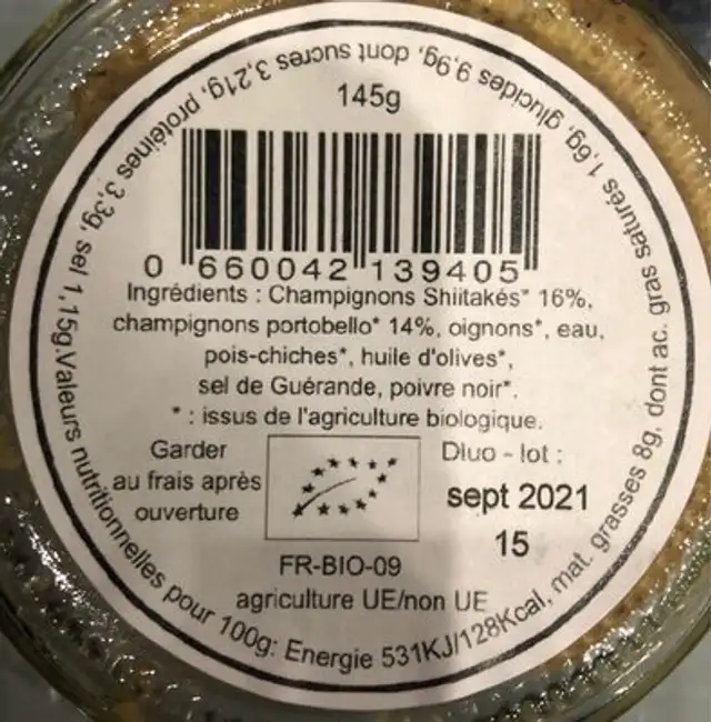 Crème de champignon Shiitaké nutrition facts table
