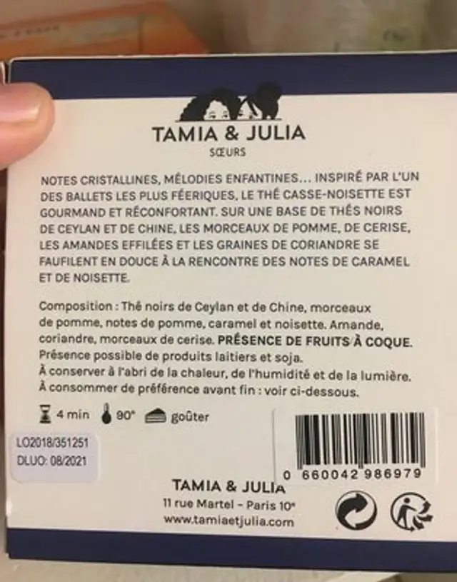 Tamia & Julia ingredients label