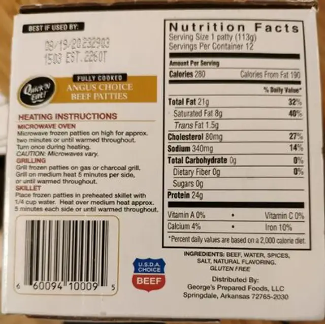 Angus Choice Beef Patties nutrition facts table