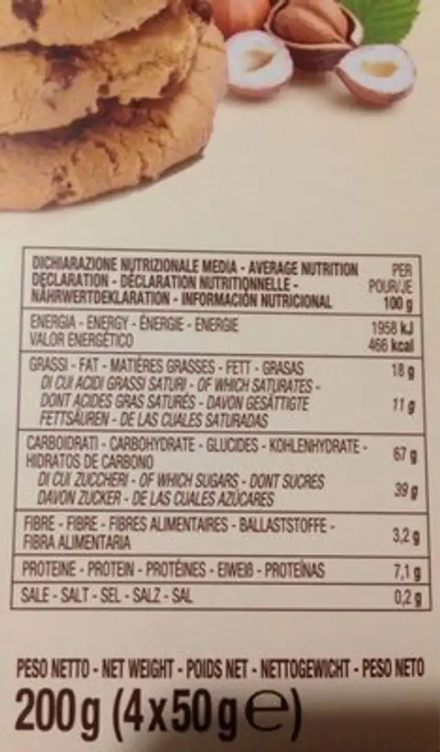 Cookies nutrition facts table