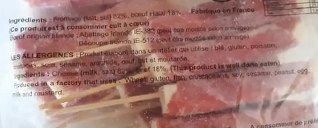 Boeuf au Fromage (halal) ingredients label