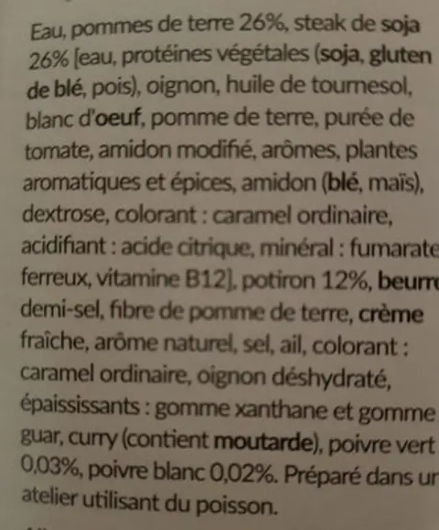 Steak de soja purée ingredients label