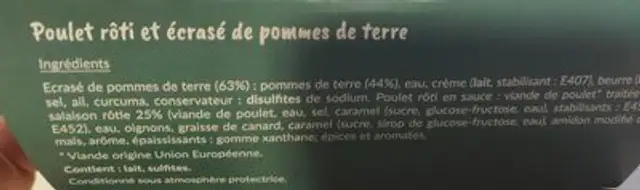 Poulet rôti et ecrasé de pomme de terre ingredients label