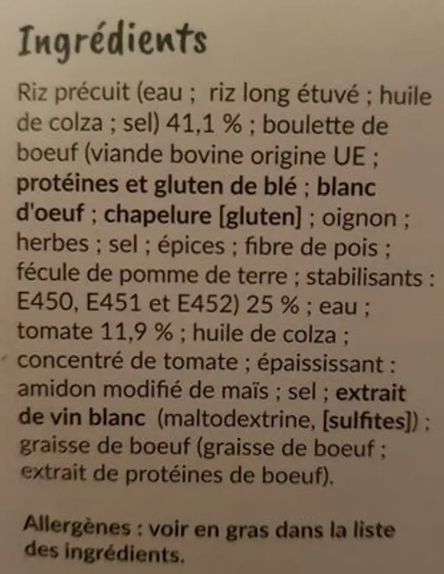 Boulettes de boeuf ingredients label