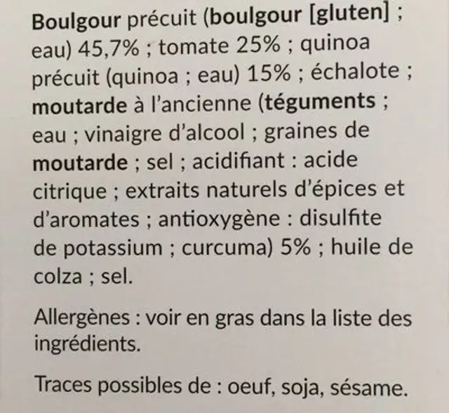 Boulgout et quinoa ingredients label
