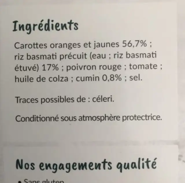 Riz et son duo de carottes ingredients label
