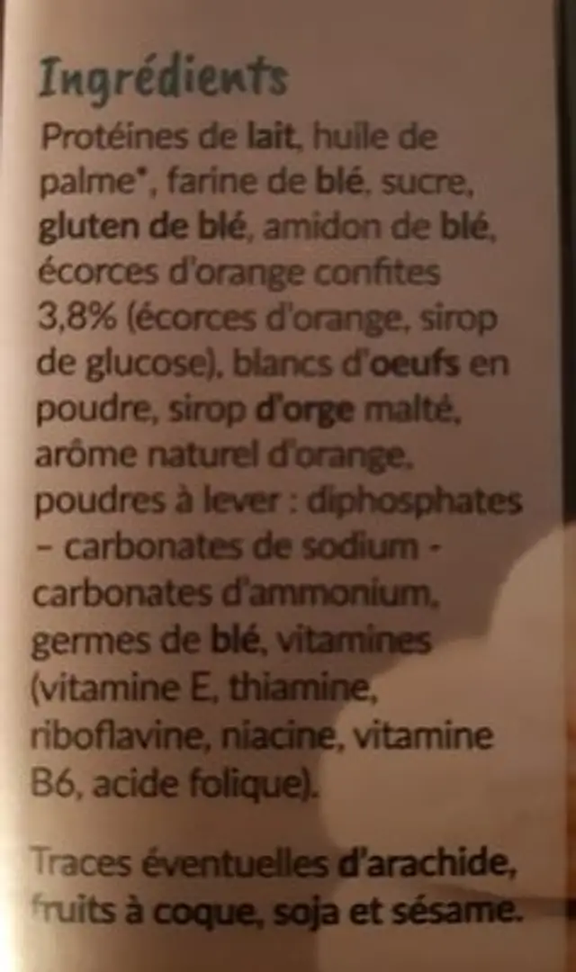 Biscuits morceaux d'Orange ingredients label