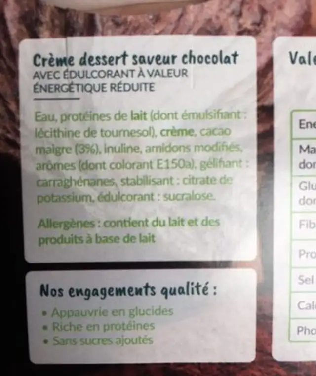 Creme dessert ingredients label