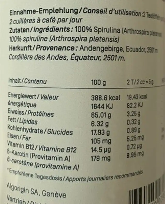 Spirulina Bio nutrition facts table