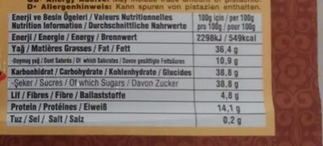 Kakaolu tahin helvası nutrition facts table