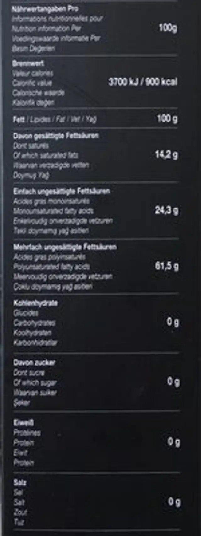 Huile de graines de nigelle nutrition facts table