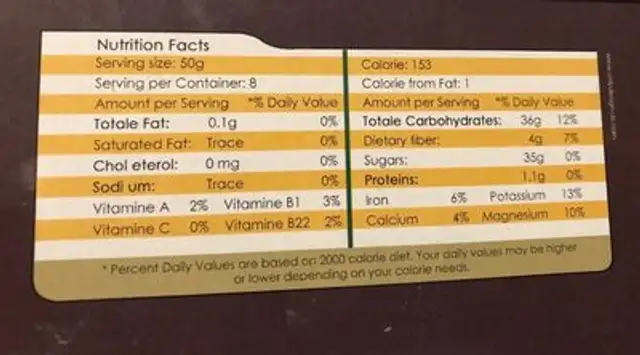 Algerian dates nutrition facts table