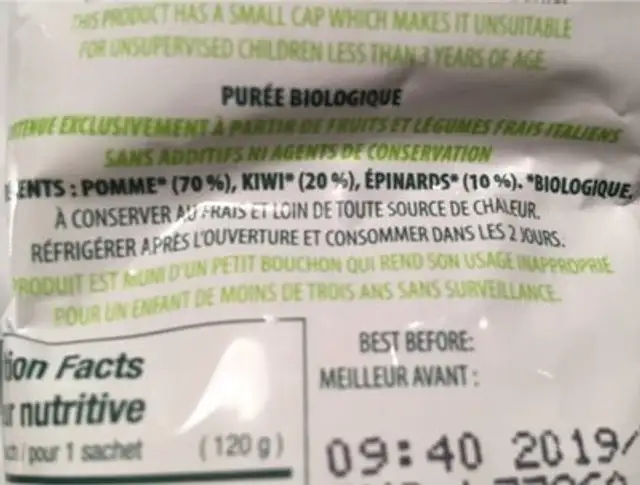 Purée pomme kiwi épinards ingredients label