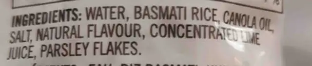 Cilantro and lime basmari rice ingredients label