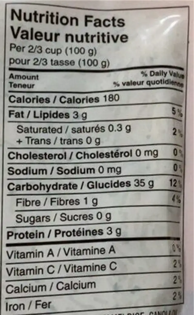Cilantro and lime basmari rice nutrition facts table