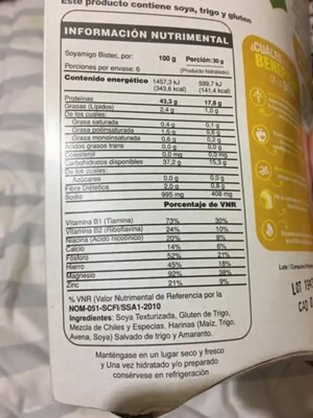 Unknown nutrition facts table