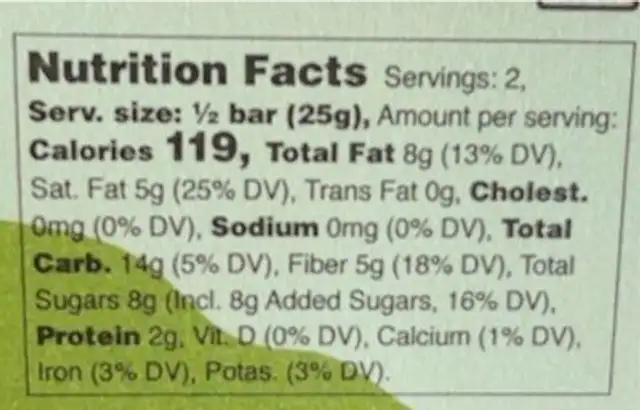 Green Tea Crunch Bar nutrition facts table